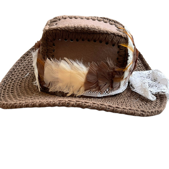 Vintage Handmade Crochet Feathers And Lace Hat Brown Women\'s OS main image 9